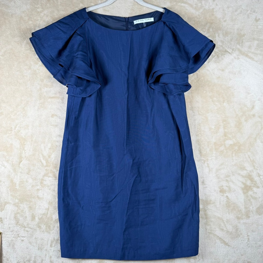 Trina Turk Womens Size 10 Navy‎ Blue Ruffle Sleeve Shift Dress Classic Elegant